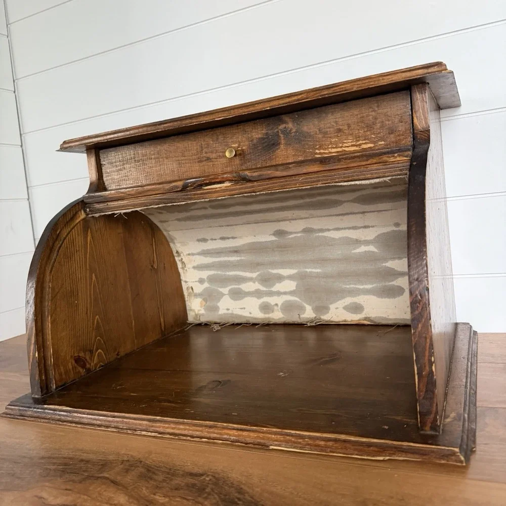 VTG XL Roll top Bread Box W/Drawer Cottagecore Rustic Farm Prairie Kitchen *Flaw
